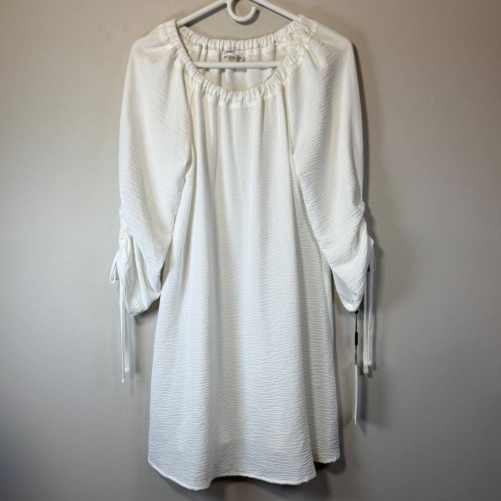 NWT Calvin Klein White Sheath Dress Boat‎ Neckline Tied, Ruched Sleeve Women's 6